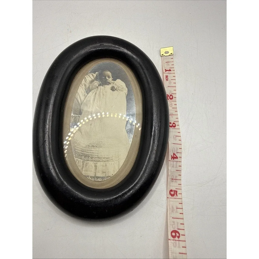 Antique Oval Picture Frame Black Wood Glass Vintage Baby Portrait